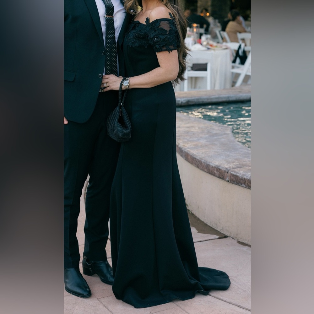 SLNY Off the Shoulder Black Textured Dress